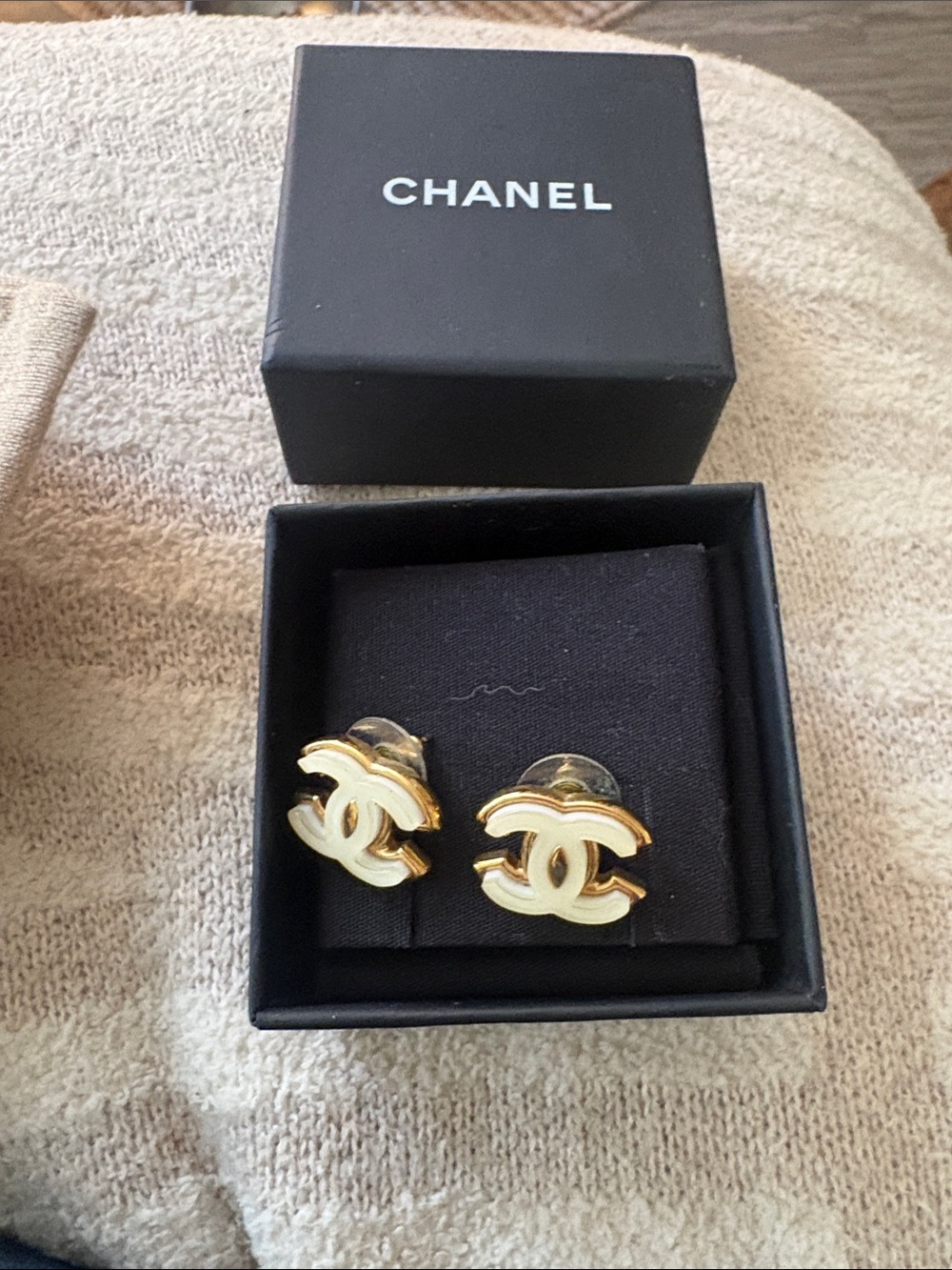 CHANEL Gold and Cream CC Enamel Stud Earrings